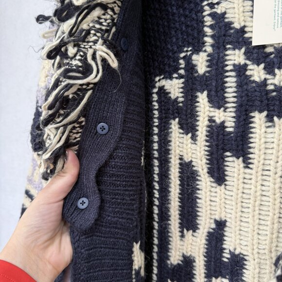 Sundance Cardigan Sweater Womens Small Navy Cream Aztec Shag Collar Knit Long - Picture 5 of 9